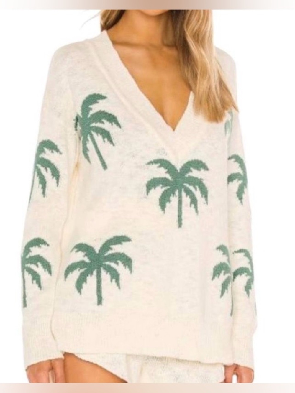 Beachy Cream V-Neck Palm Tree Sweater small oversized